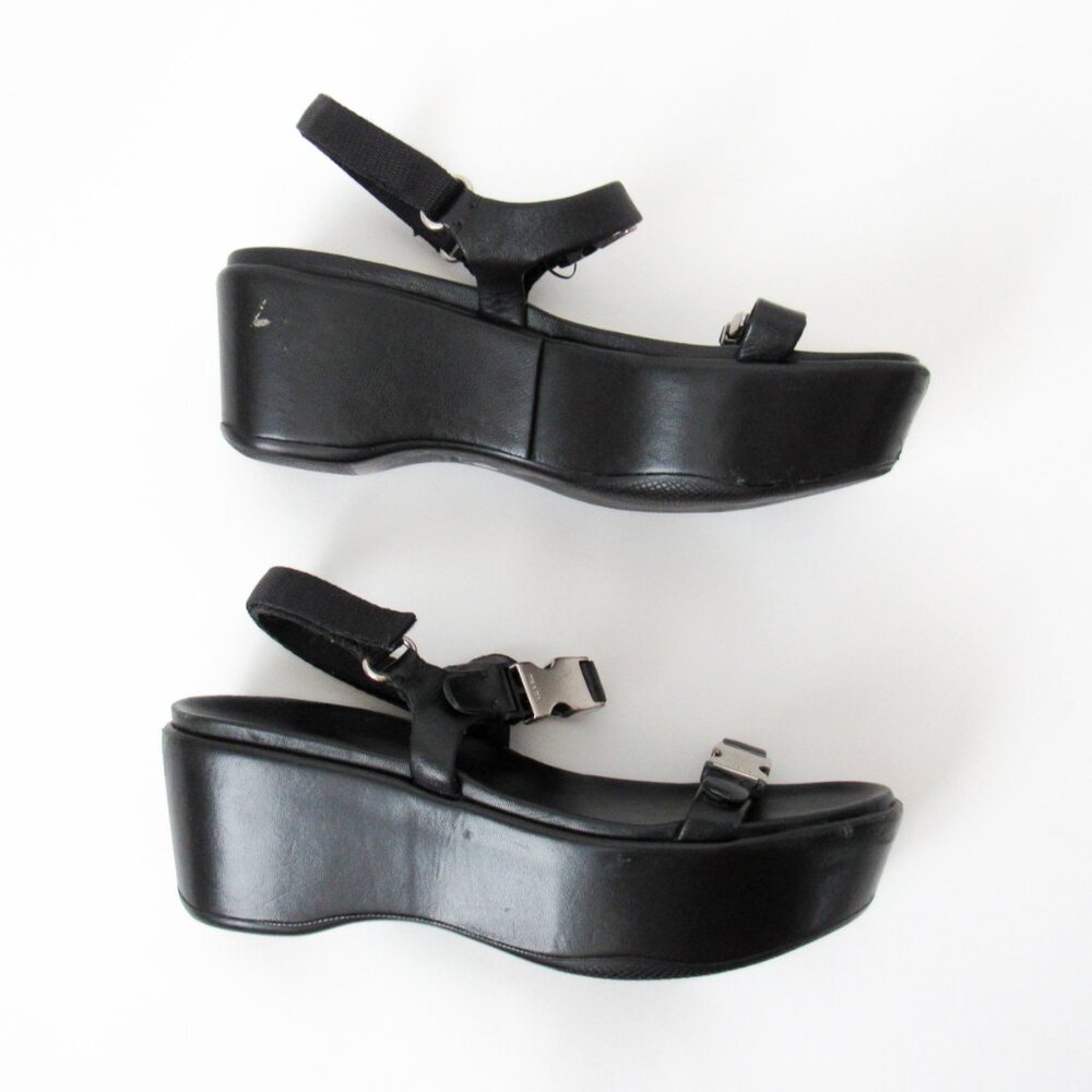 PRADA 90’s VINTAGE Black Sporty Open Toe Platform Sandals W/Metal Buckles Size-9 - Picture 13 of 14